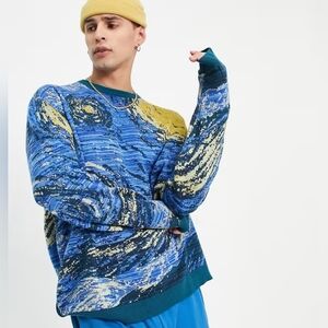 ASOS DESIGN Van Gogh Jacquard Knit Sweater A.P.O.H. Blue Yellow Size Medium